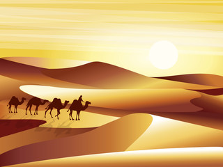 Fototapeta na wymiar Landscape background desert with dunes, barkhans and caravan of camels vector illustration.