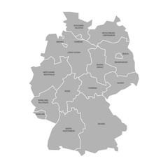 Map of Germany devided to 13 federal states and 3 city-states - Berlin, Bremen and Hamburg, Europe. Simple flat grey vector map with black labels.