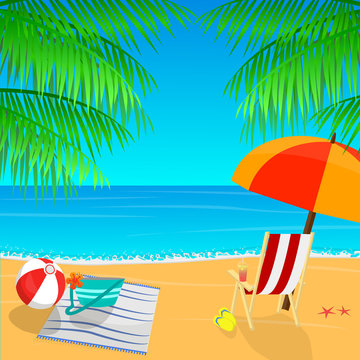 Beach view with an umbrella, palm leaves and slippers vector illustration. Tropical background.