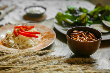 Healthy food in the village with natural products in wooden and ceramic dishes