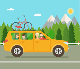 Summer vacation travel. Family trip by car. Vector flat illustration