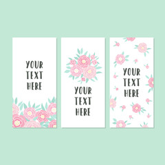 Set of greeting card templates. Vector hand drawn illustration. Pink peonies