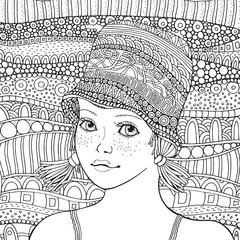 Cute girl in a striped sweater. Coloring book page for adult.