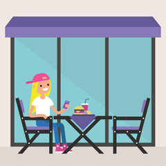 Fototapeta premium Young blonde girl sitting on the restaurant terrace under the awning and making a photo of her dinner / editable flat vector illustration
