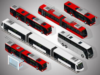 Vector isometric illustration of a set of municipal transport consisting of low floor city buses, trolleybus, a coach, a tram, a subway train. Vehicles designed to carry large numbers of passengers.