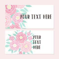 Set of two flyer templates. Pink peonies. Vector hand drawn illustration