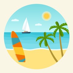 Fototapeta na wymiar Surfboards on a beach. Palm tree and blue sea. Vector flat illustration