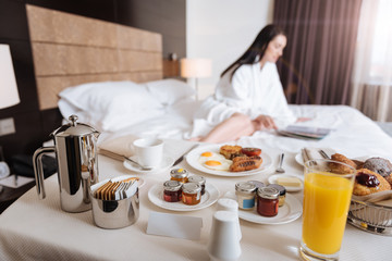 Delicious breakfast being served for a hotel guest