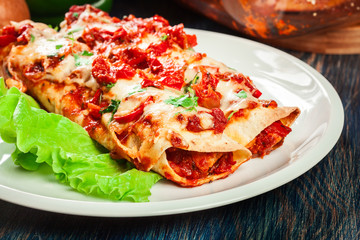 Traditional mexican enchiladas with chicken meat, spicy tomato sauce and cheese on a plate