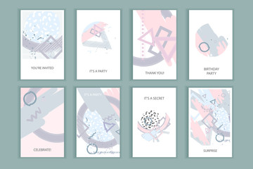 Universal abstract posters set. Creative geometric cards in pastel colors. Trendy creative abstract cards for wedding, anniversary, birthday, Valentin's day, party invitations, web, print.