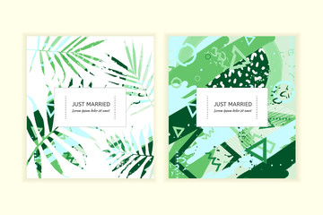 Wedding invitation card. Abstract trendy colors wedding invitation. Cards set with palm leaves and flowers. Universal floral cards.