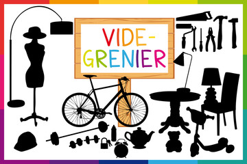 Vide grenier illustration. Panneau en bois et cadre coloré.