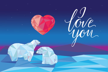 Low poly polar bears sitting on ice and looking each other.
