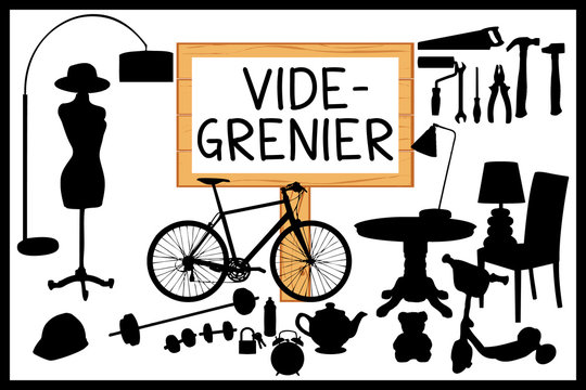 Vide grenier illustration. Panneau en bois et cadre noir.