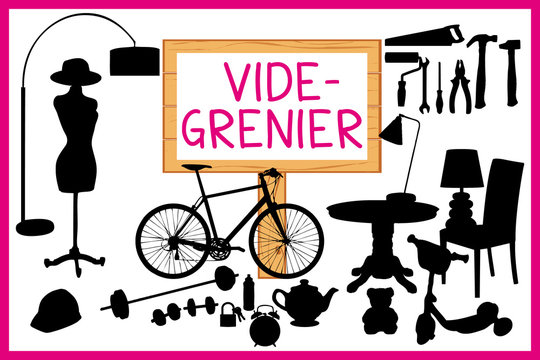 Vide grenier illustration. Panneau en bois et cadre rose.