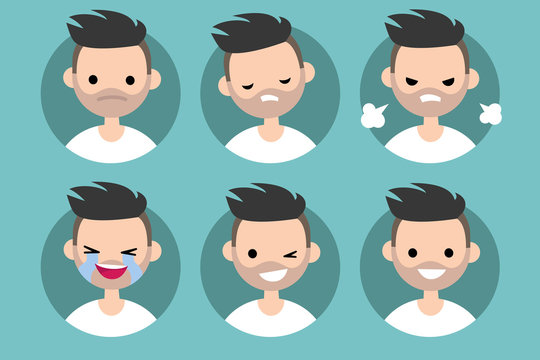 Bearded man profile pics / Set of flat vector portraits. upset, offended, angry, laughing, winking, smiling
