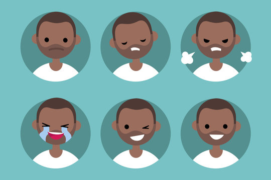 Afro american man profile pics / Set of flat vector portraits. upset, offended, angry, laughing, winking, smiling