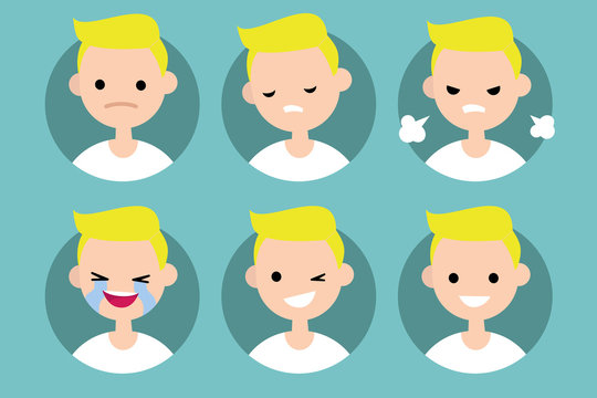 Blonde pale man profile pics / Set of flat vector portraits: upset, offended, angry, laughing, winking, smiling