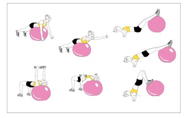 The girl is doing sports exercises with fitness ball . Sequence of movements