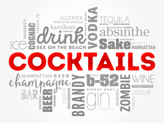 Different cocktails and ingredients, word cloud collage, design concept background