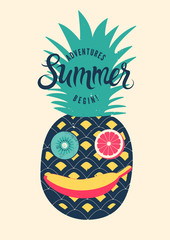 Summer calligraphic retro poster design. Funny character made of fruits. Vector illustration.