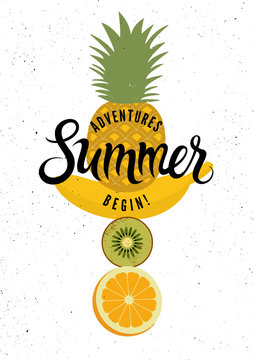 Summer calligraphic retro poster design with fruits. Vector illustration.