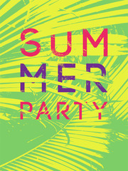 Summer Tropical Party typographic grunge vintage poster design with palm leaves. Retro vector illustration.