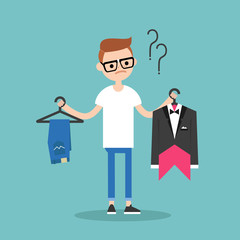 Difficult choice. Young teenage nerd trying to decide what to wear for the prom / Flat vector clip art illustration