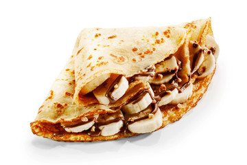 Banana pancake crepes with chocolate and nuts - obrazy, fototapety, plakaty