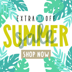 Summer sale flyer, poster. Tropical leafs. Vector hand drawn illustration