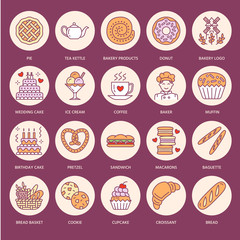 Bakery, confectionery flat line icons. Sweet shop products - cake, croissant, muffin, pastry, cupcake, pie Food thin linear colored signs for bread shop.