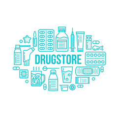 Medical, drugstore banner illustration. Pharmacy vector line icons tablet, capsules, pills, antibiotics, vitamins and other medicines. Healthcare brochure, poster design