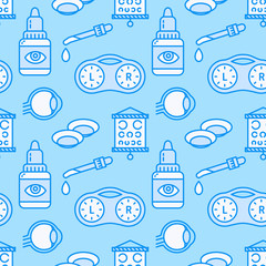Ophthalmology, eyes health care seamless pattern, medical vector background of blue color. Contact lenses thin line icons, eye drops. Vision correction cute repeated illustration for oculist clinic.