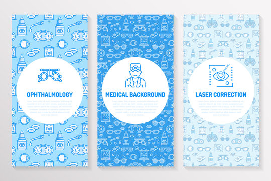 Ophthalmology, medical brochure template, flyer. Eye health care thin line icons laser vision correction, eyesight check, doctor. Cute illustration for hospital poster. Vector trifold blue background.