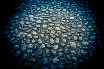 A wide street lined with paving stones.

