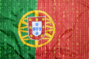 Binary code with Portugal flag, data protection concept