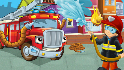 cartoon stage with fireman near burning building brave firetruck is helping colorful scene