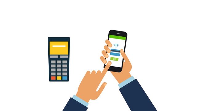 Animation of modern smartphone with processing of mobile payments from credit card on the screen. Online shopping concept. 