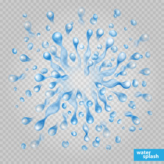 Transparent water splash. Scatter spray from falling into the water. Vector illustration.