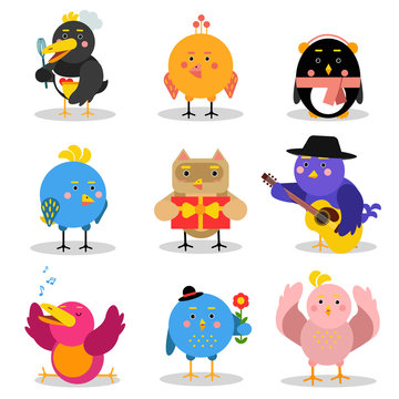 Cute cartoon birds with different emotions and situations, colorful characters vector Illustrations