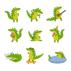 Fototapeta premium Cute cartoon crocodile in different situations, colorful characters vector Illustrations