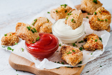 Fried nuggets dipped into two sauces
