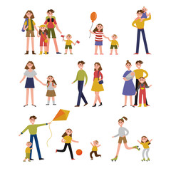 Fototapeta premium Family activity and leisure. Family set colorful characters with parents and children vector Illustrations