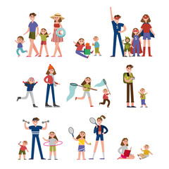 Happy moments in family life, activity and leisure. Family set colorful characters with parents and children vector Illustrations