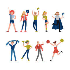Smiling sport fans and supporters characters. Support for team sports vector Illustrations