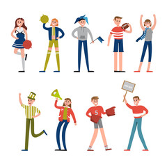 Happy sport fans and supporters characters. Support for baseball team vector Illustrations