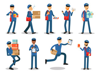 Postman characters doing their job set. Cheerful mailmen in different situations cartoon vector Illustrations