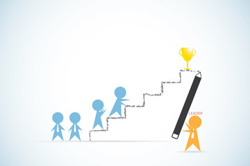 leader holding pencil to write ladder line for team to success, leadership and business concept