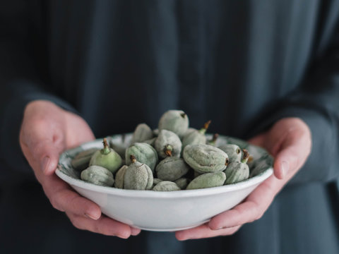 Midsection of woman holding bowl of green almonds