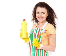 Obraz premium Portrait of cleaning woman having fun during cleaning, isolated on white background